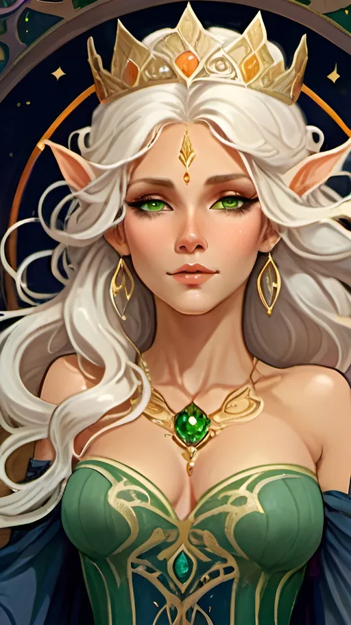 Prompt:  35 year old beautiful elf woman in fantasy attire, long wavy bleach white hair, adorned with a gold queen's crown and a gold necklace with a silver wedding ring, bright green eyes with dark blue eyeshadow, soft, kind face, brown skin, luxurious fantasy dress in dark blue and pale orange, full body, high quality, fantasy, detailed hair, elegant, regal, soft lighting