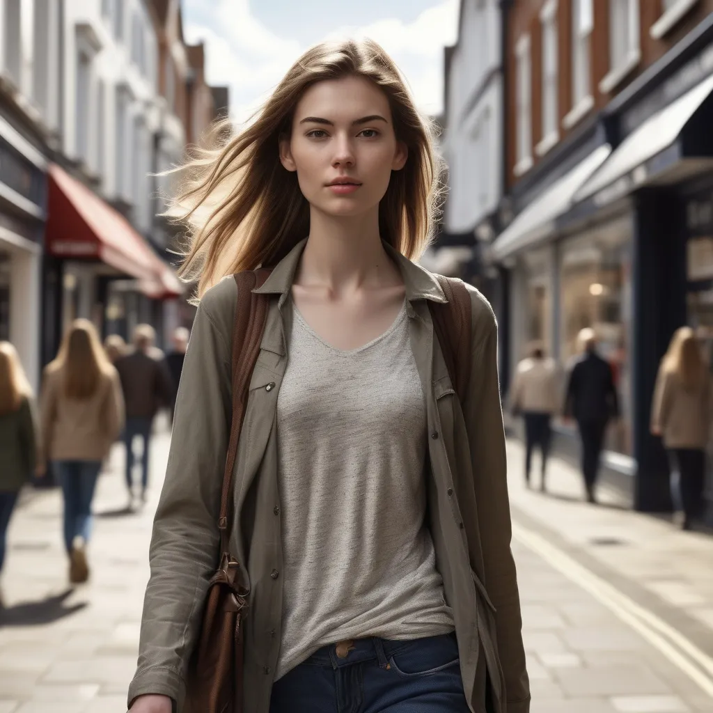 Prompt: Tall young woman walking down the high street, detailed clothing, realistic, natural lighting