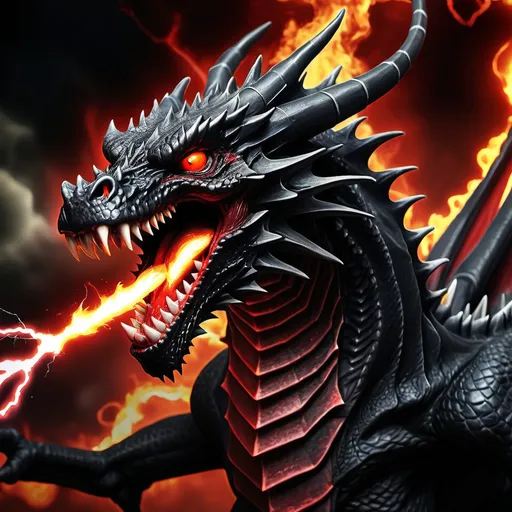 Prompt: Black demonic dragon with red eyes shooting lightning fire out of its mouth.
[Background Hell]
[Dark]
[Evil]
[Scarey]