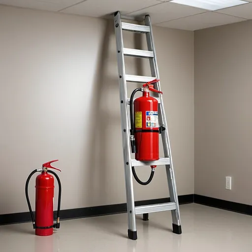 Prompt: safety brief high resolution photo ladders, fire extinguisher 