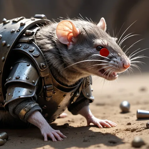 Prompt: close up shot rat with battle armour fighting in ground firing bullets to enemys in sleeping poistion  photo is taken from front view