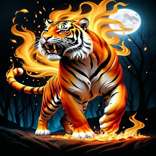 Prompt: epic scene of an orange yellow red colored FULL body fierce fire tiger with flames for hair and tail,facing 3/4 pose,action,smooth fur fire colored,background is a barren forest with stars and moon at full strength,,professional. HDR, dslr,dark shadows,subtractive lighting,3d shading,black ink flow,ue5 