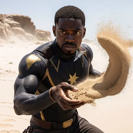 Prompt: black man with sand powers killing all marvel characters
