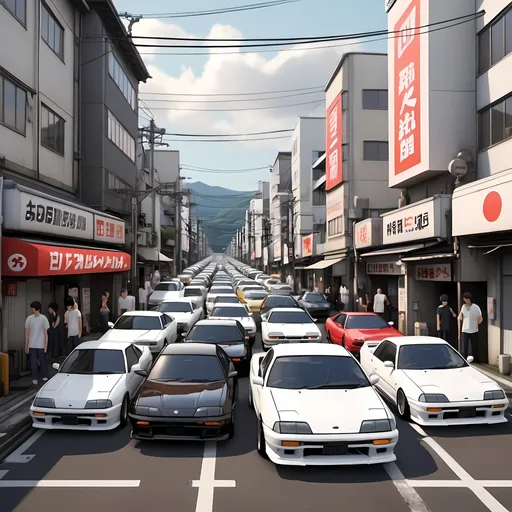 Prompt: animated initial d style japan street with jdm cars.