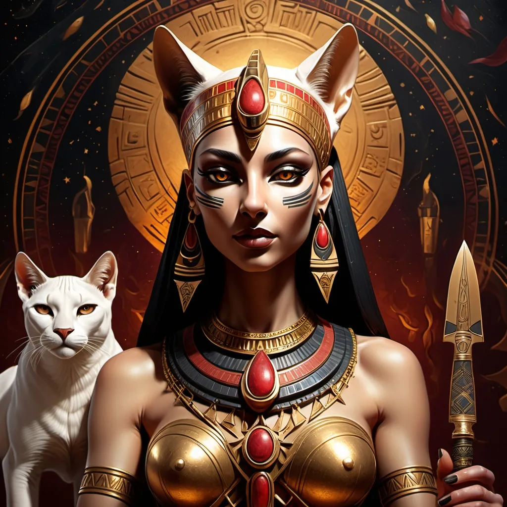 Prompt: (photo realistic illustration of The Goddess Bastet with a womans head), holding an anhk in her hand, surrounded by sphinx patterns of claws and knives, ethereal ambiance, golden and deep red hues, vivid details and shining accents, (mystical atmosphere), divine presence amid celestial motifs, heavy black backdrop, (highly detailed, ultra-detailed).