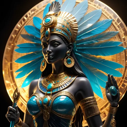 Prompt: A detailed and vibrant transparent glass sculpture of a (Egyptian queen) in backlight adorned in elaborate gold and turquoise jewelry, (imposing headdress) topped by a radiant sun disk and two tall feathers, intense gaze lined with kohl, holding an ankh symbolizing eternal life and a majestic scepter, glowing golden aura, (dramatic lighting)(intricate details), high-quality HD image, enchanting and mystical ambiance.,

black backdrop