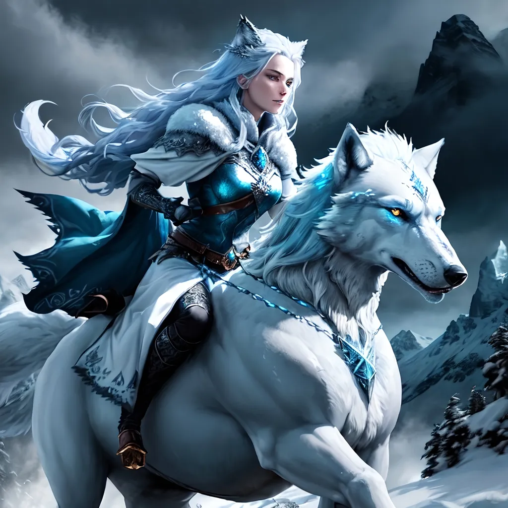 Prompt: (4K), (RPG fantasy game style), Scandinavian goddess, snow-covered mountains, dark color scheme, riding on a majestic wolf, goddess looking to the right, wolf staring straight ahead, ethereal glow, mystical atmosphere, feeling of divinity, icy blue tones, dramatic clouds, intricate details in clothing and fur, powerful stance.