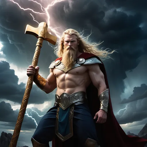 Prompt: (majestic god), striking stance at the gates of Asgard, (glowing hammer) radiating divine power, windswept blonde hair and beard, piercing gaze fixed on the horizon, ever vigilant, storm clouds parting, highlighting his formidable presence, (cinematic lighting), dramatic ambiance, (highly detailed), rich colors, ethereal glow enhancing the scene, capturing an aura of unyielding determination and grandeur, 4K ultra-detailed masterpiece.