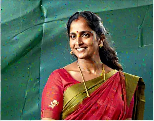 Prompt: a woman in a sari is smiling for the camera with a blue background and a green wall behind her, Ella Guru, samikshavad, jayison devadas, a character portrait