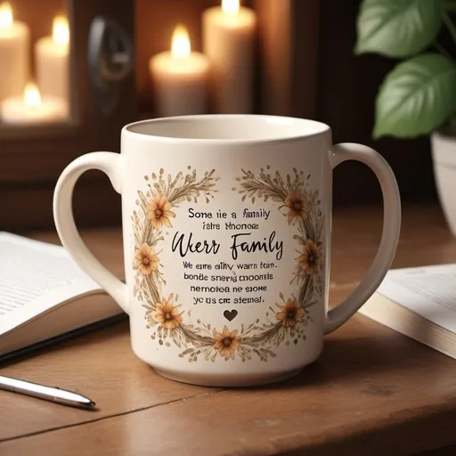 Prompt: High-quality digital illustration of a ceramic mug door gift, heartfelt message inscribed, warm lighting, cozy atmosphere, realistic rendering, ceramic material, heartwarming message, detailed inscriptions, warm tones, sentimental, cozy setting, close-knit bond, emotional, best quality, heartfelt, warm lighting

include this text below :
Some bonds never fade.
Beyond being friends, we are a family