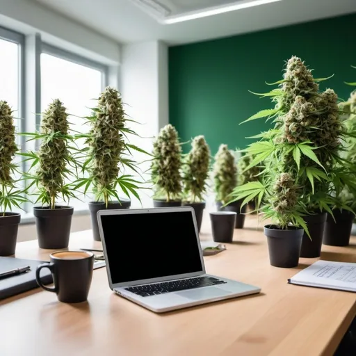 Prompt: Hintergrund: Ein stilvolles und modern eingerichtetes Büro, mit Pflanzen (am besten Cannabis-Pflanzen in schönen Töpfen) im Hintergrund.

Vordergrund: Ein lächelnder Mensch (Geschlecht egal), der entspannt am Schreibtisch sitzt und in einem Businessplan blättert. Auf dem Schreibtisch steht ein Laptop, ein paar Notizbücher und ein Kaffee.

Text Overlay:

Oben: „Bereit für deinen eigenen Cannabisclub?“
Unten: „Starte jetzt mit unserem fertigen Businessplan! 🌿🚀“
Farbschema: Grün- und Weißtöne, um die Assoziation mit Cannabis und Frische zu verstärken.