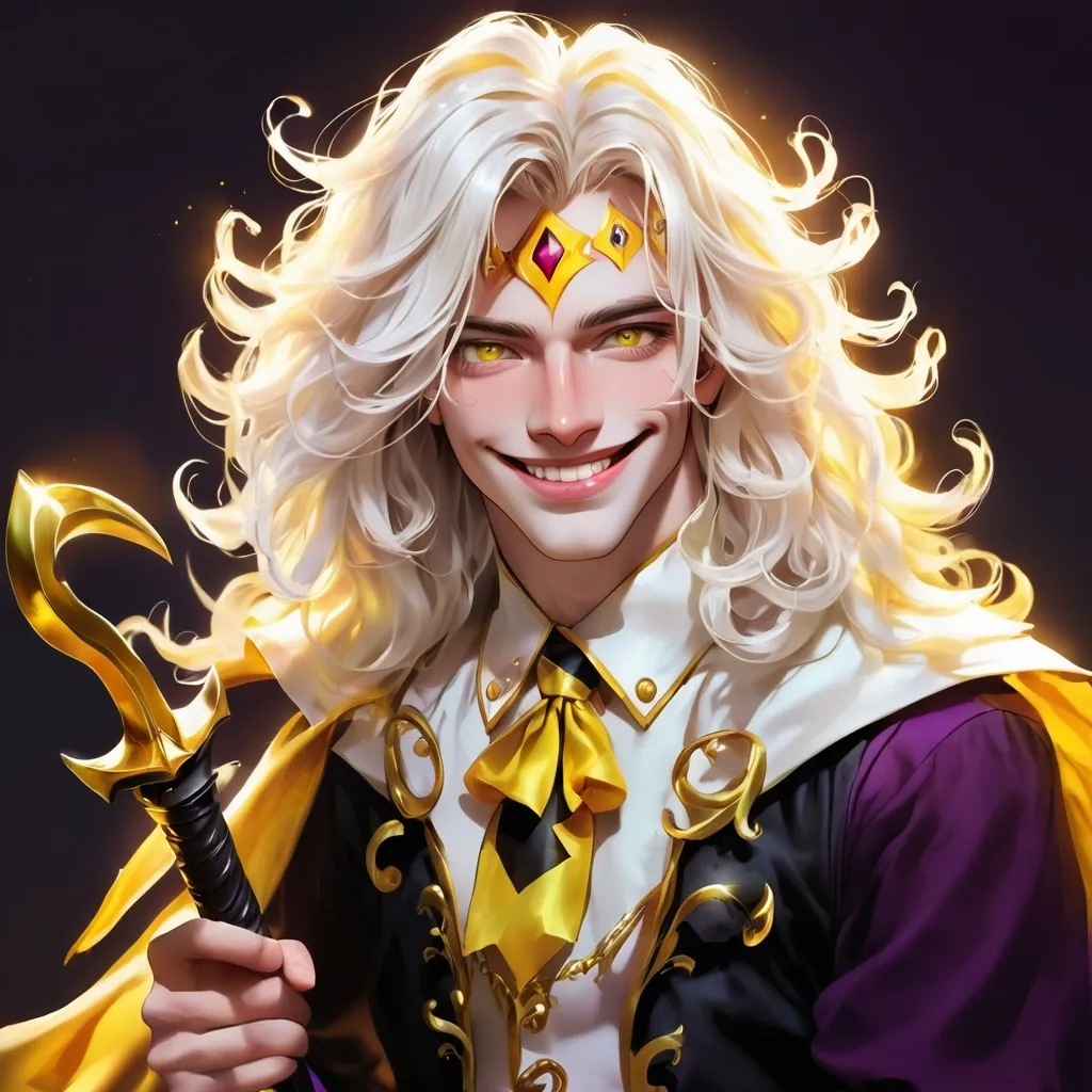 Prompt: A 20 year old androgenous man with long, wavy white hair that goes down to his chest. He smiles. His eyes are yellow and glow faintly. He is wearing a jester costume and holding an ebony scimitar. his shadow behind him is twice as large as he is, looks to be shaped like it is made up of tentacles, and has a glowing golden orb in the center where an eye would be