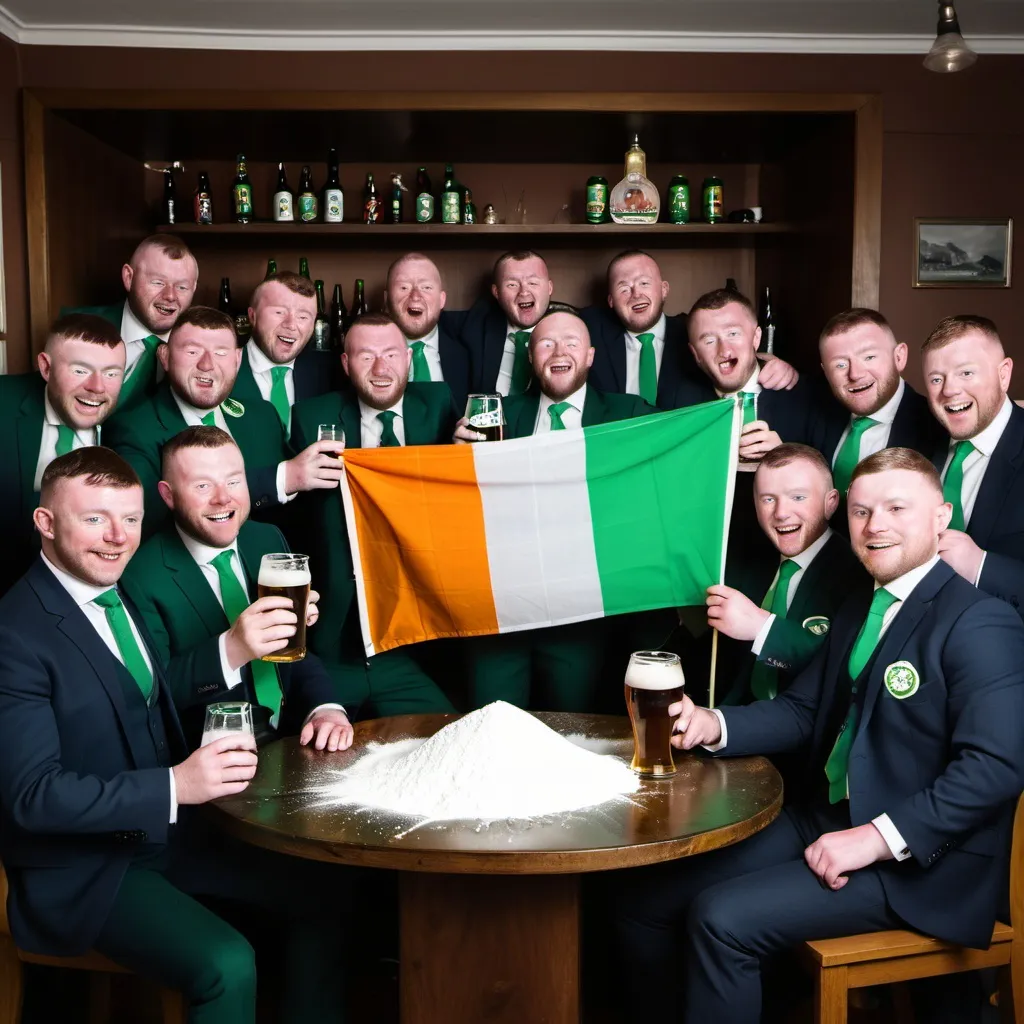 Prompt: 11 men in suits drinking beer with piles of white powder and holding a flag with the irish tri colour saying “longi gaff” on the flag