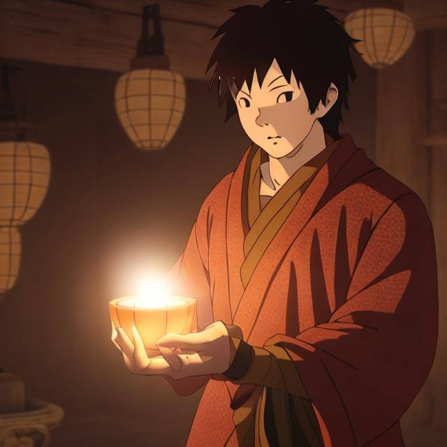 Prompt: Generate an image of Hiroshi holding the radiant lantern, its warm light casting a glow on the surroundings.