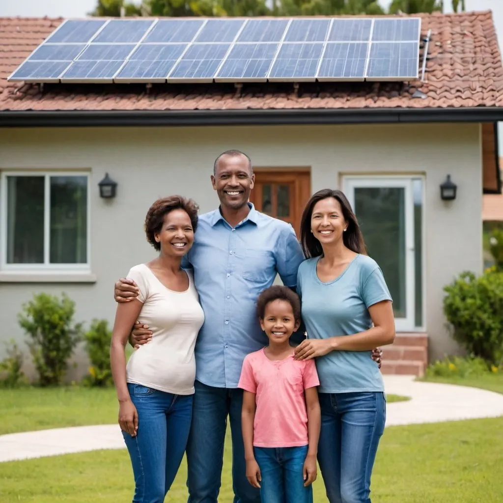 Prompt: Happy family in front of their well-maintained solar panels home
