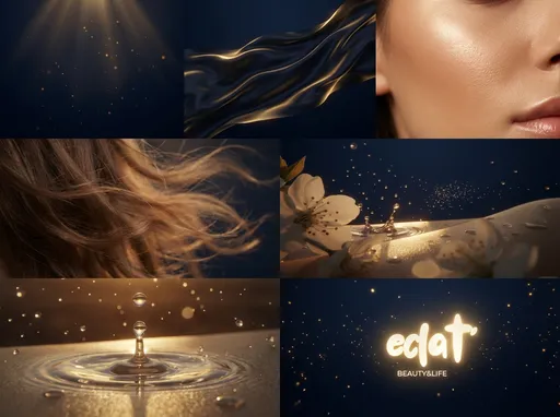 Prompt: Create a luxury cinematic brand video for “eclat – Beauty & Life”.
Dark navy blue background with soft golden light rays slowly appearing.
Elegant slow-motion shots of natural beauty elements: flowing silk fabric, glowing skin close-up, soft wind moving hair, blooming white flowers, water drops in ultra slow motion.
Warm golden particles floating in the air, soft light reflections, premium atmosphere.
The “eclat” logo appears slowly in the center with a smooth glow effect and subtle shine animation.
Luxury, minimal, high-end beauty commercial style.
4K resolution, ultra-realistic, shallow depth of field, cinematic lighting, soft focus, smooth transitions, slow motion, premium commercial aesthetic.
Background music: soft inspirational instrumental, elegant and emotional.
Final frame: Logo centered with tagline “Beauty & Life” glowing softly.
