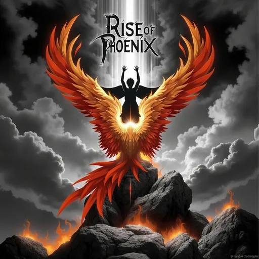 Prompt: a photo realistic album cover of a Phoenix rising from black and white to color.  The band name is Rise of Phoenix and the album title is Introspective Chronicle