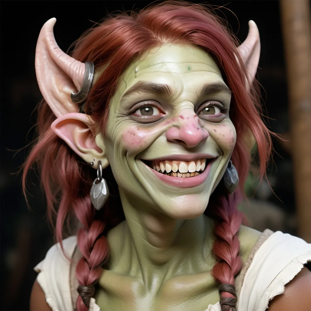 Prompt: photorealistic image of a half-troll human or "trollkin" bar wench with swarthy, warty, mottled pink-green skin with vitiligo (greenish hues and flesh colored instead of white) and auburn hair with demure expression D&D. she smiles warmly with her sharp teeth. She has four ears and an extra nose on her face.
