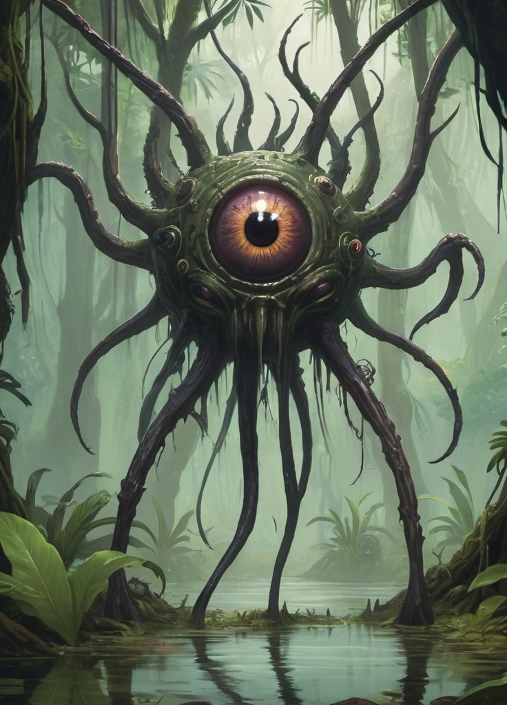 Prompt: a pair of one-eyed beholders in a jungle swamp