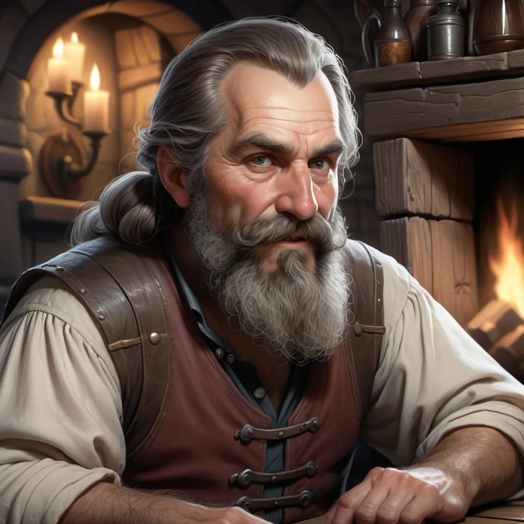 Prompt: photorealistic image of a mideival barkeep, middle-aged, with a trimmed beard and ready to share gossip with the adventuring party D&D