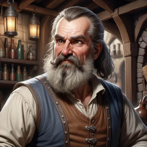 Prompt: photorealistic image of a mideival barkeep, middle-aged, with a trimmed beard and ready to share gossip with the adventuring party D&D