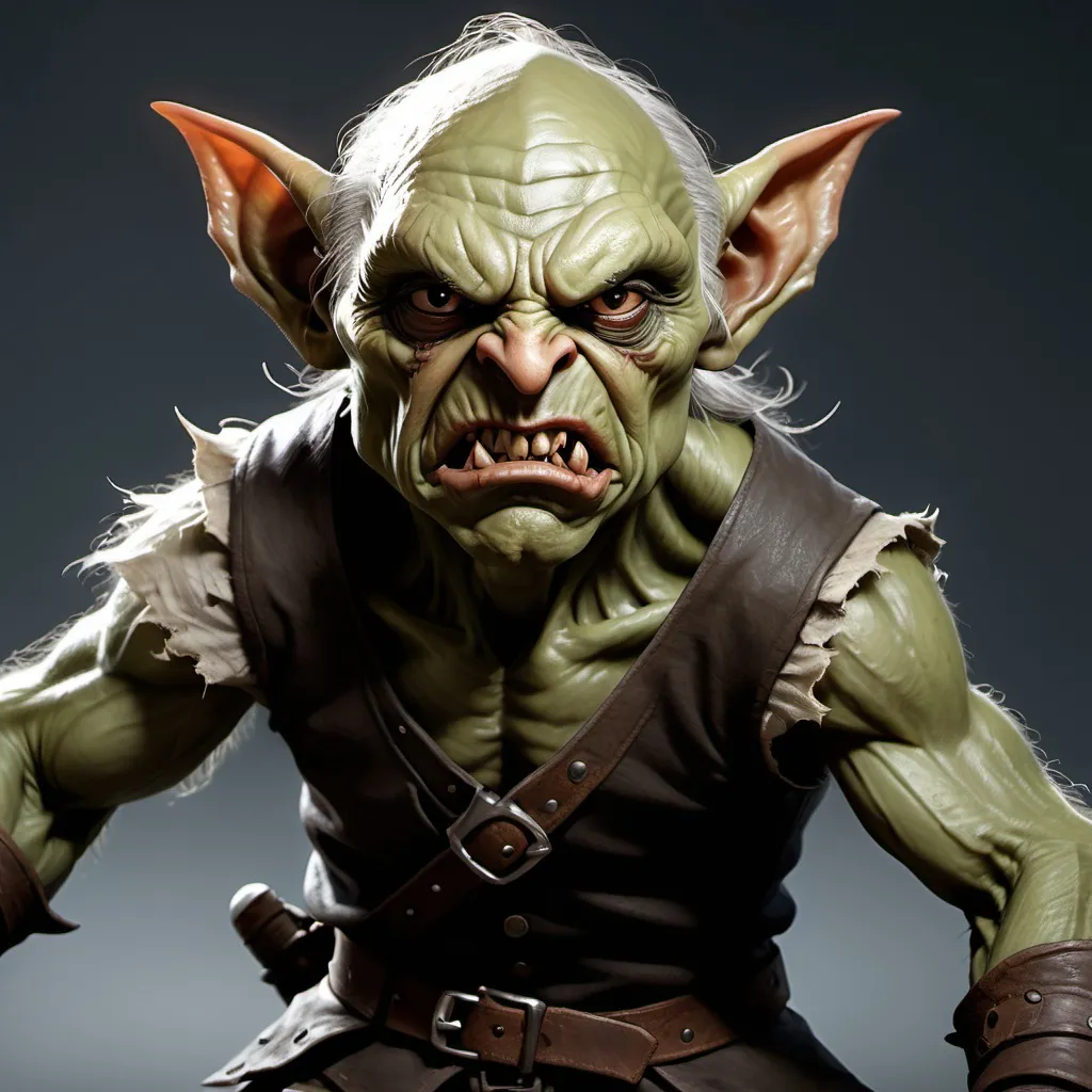 Prompt: photorealistic image of an angry goblin with less-exaggerated features. His stance should indicate he's either about to speak, or attack the party D&D