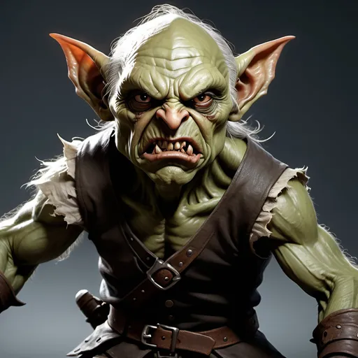 Prompt: photorealistic image of an angry goblin with less-exaggerated features. His stance should indicate he's either about to speak, or attack the party D&D