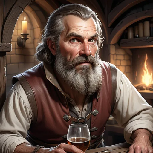 Prompt: photorealistic image of a mideival barkeep, middle-aged, with a trimmed beard and ready to share gossip with the adventuring party D&D