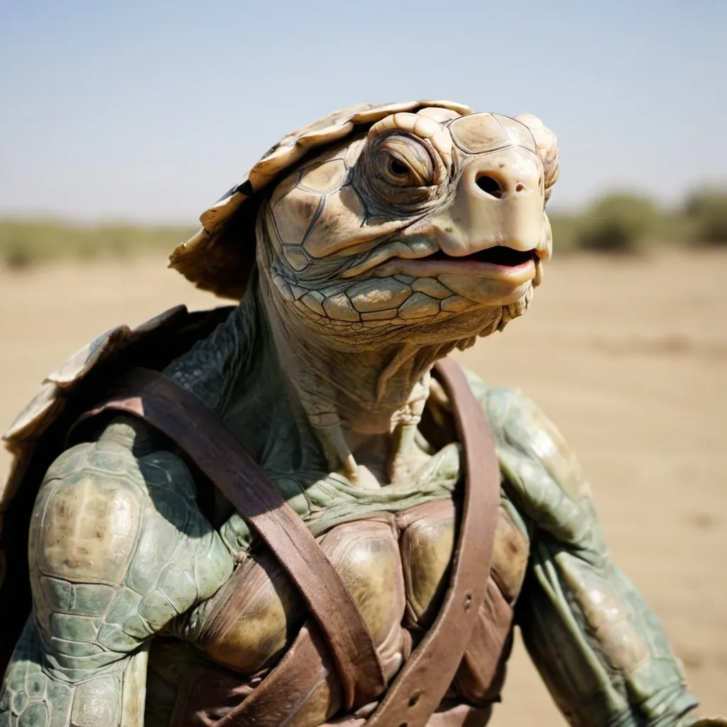 Prompt: portrait photo of a tired, starved Tortle skirmisher with faded skin, a somber expression and emaciated look. His atlatl is visible behind him. He wears light armor over his shell
