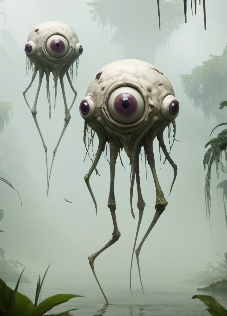 Prompt: a pair of one-eyed pale-white emaciated beholders hovering in a jungle swamp