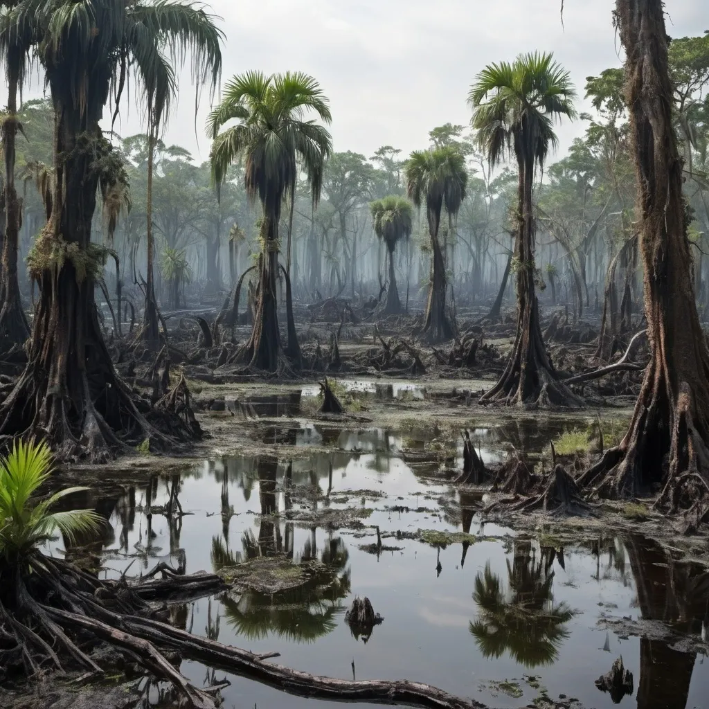 Prompt: a rotten acid-burned jungle swamp landscape