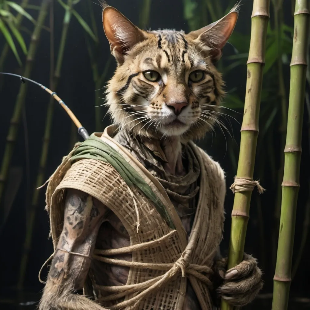 Prompt: portrait photo of a tired, starved jungle tabaxi with faded skin, a somber expression and emaciated look. His bamboo fishing pole is visible behind him. He wears light armor over his shell. He has a fishing net hanging over his shoulder. his entire body is covered with matted, unhealthy fur. 

