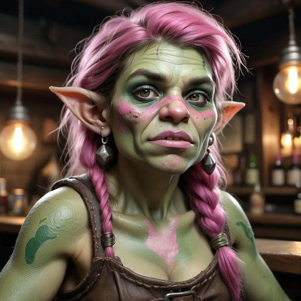 Prompt: photorealistic image of a half-troll human or "trollkin" bar wench with mottled pink-green skin with demure expression D&D.