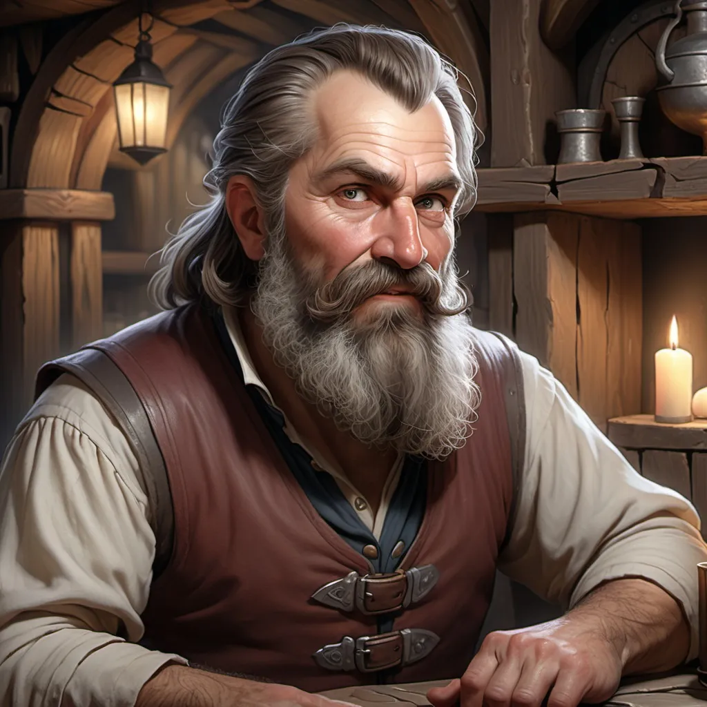 Prompt: photorealistic image of a mideival barkeep, middle-aged, with a trimmed beard and ready to share gossip with the adventuring party D&D