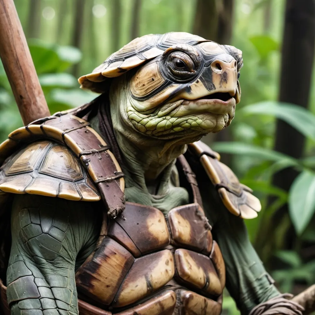 Prompt: portrait photo of a tired, starved jungle  tortle chieftain with faded skin, a somber expression and emaciated look. His atlatl is visible behind him. He wears heavy metal armor over his shell
