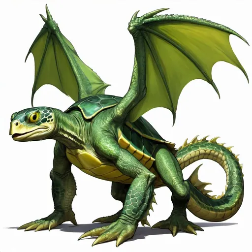 Prompt: A green dragon with the following properties: tall, long-necked, one pair of wings, claws, sharp teeth, green scaley hide, and yellow eyes. A bipedal humanoid turtle stands nearby, offering a fish.
