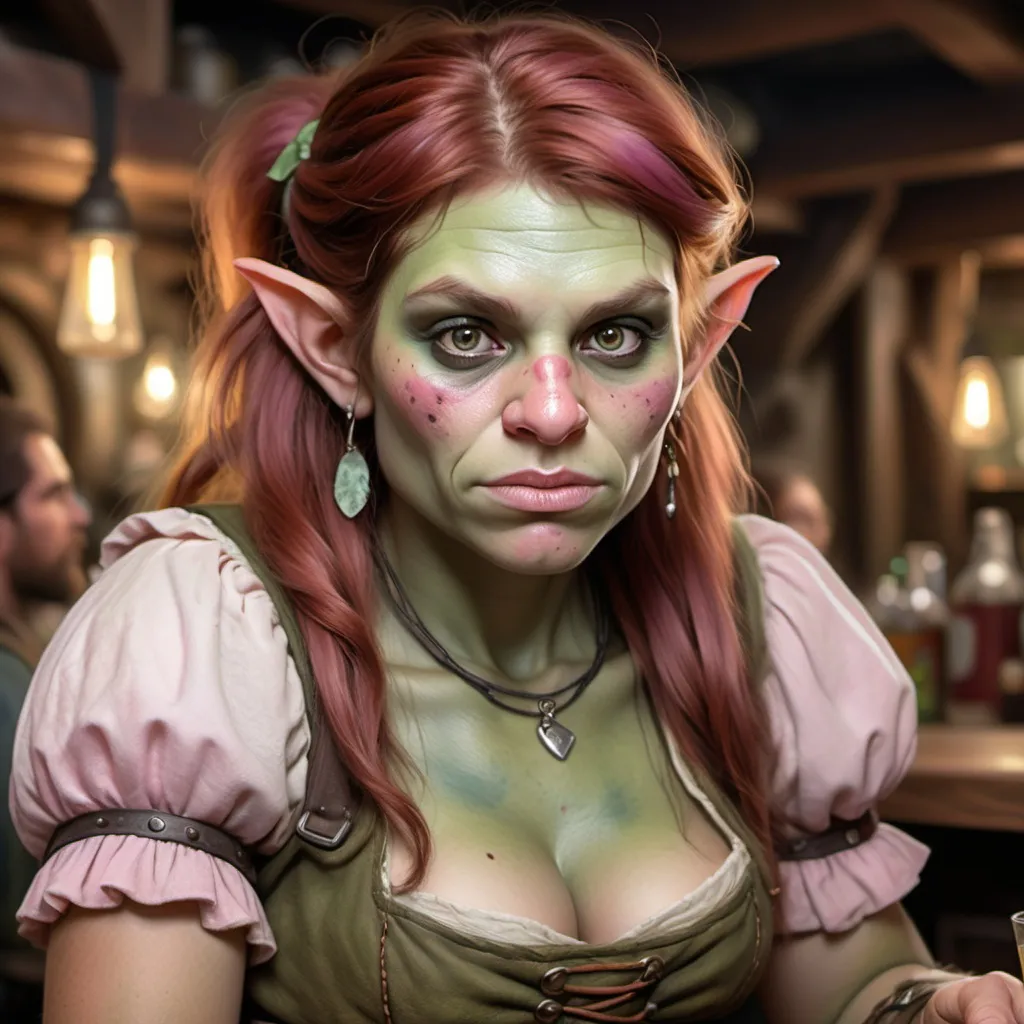Prompt: photorealistic image of a half-troll human or "trollkin" bar wench with mottled pink-green skin and auburn hair with demure expression D&D.