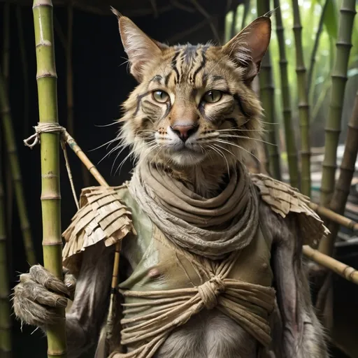 Prompt: portrait photo of a tired, starved jungle tabaxi with faded skin, a somber expression and emaciated look. His bamboo fishing pole is visible behind him. He wears light armor over his shell. He has a fishing net hanging over his shoulder. his entire body is covered with matted, unhealthy fur. 

