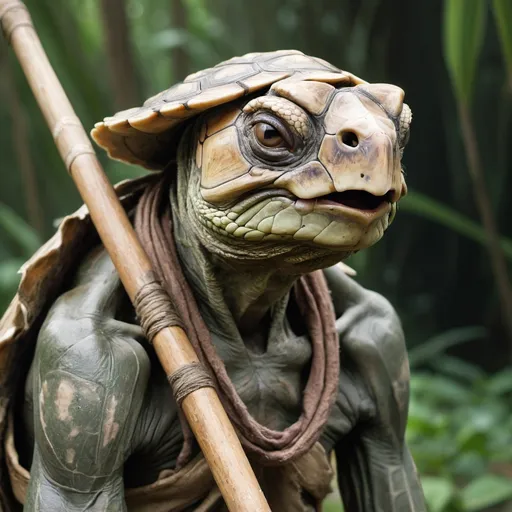 Prompt: portrait photo of a tired, starved jungle chieftanTortle commoner with faded skin, a somber expression and emaciated look. His atlatl is visible behind him. He wears light armor over his shell
