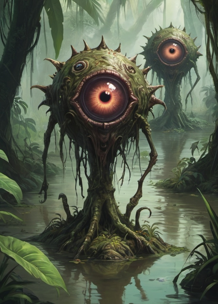 Prompt: a pair of one-eyed beholders in a jungle swamp