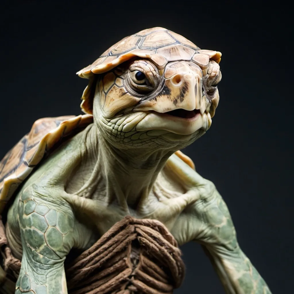 Prompt: portrait photo of a tired, starved female Tortle commoner with faded skin, a somber expression and emaciated look. His atlatl is visible behind him. He wears light armor over his shell
