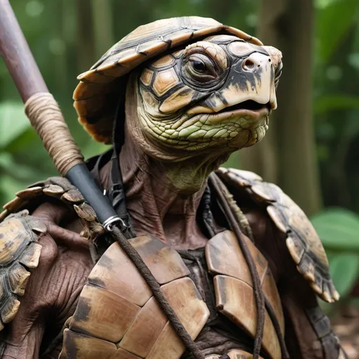 Prompt: portrait photo of a tired, starved jungle  tortle chieftain with faded skin, a somber expression and emaciated look. His atlatl is visible behind him. He wears heavy metal armor over his shell
