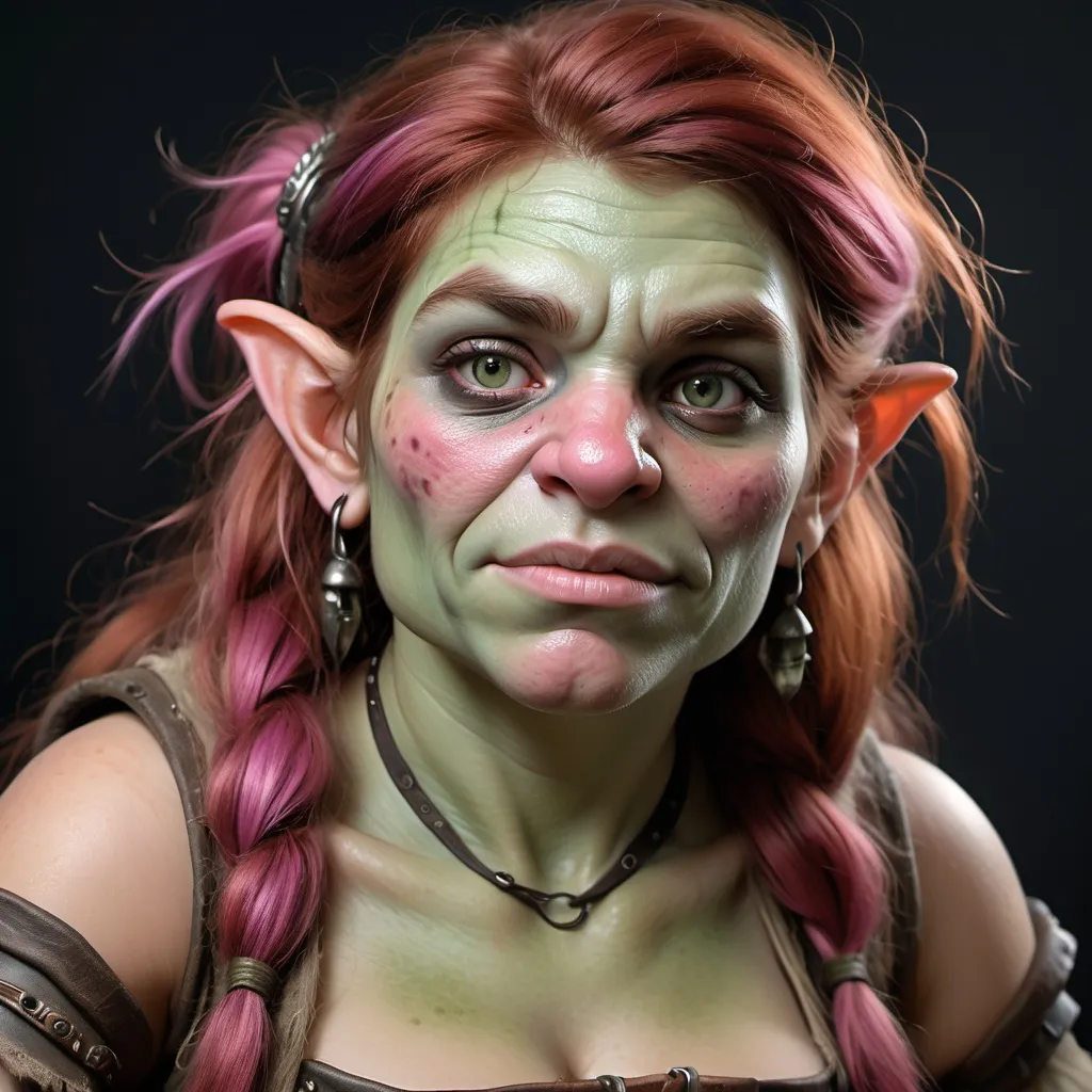 Prompt: photorealistic image of a half-troll human or "trollkin" bar wench with swarthy, warty, mottled pink-green skin and auburn hair with demure expression D&D.