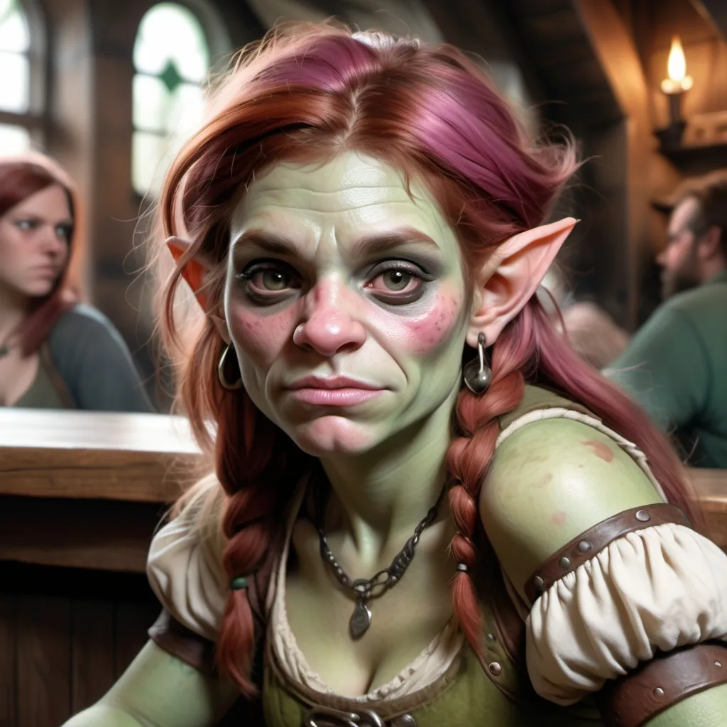 Prompt: photorealistic image of a half-troll human or "trollkin" bar wench with mottled pink-green skin and auburn hair with demure expression D&D.