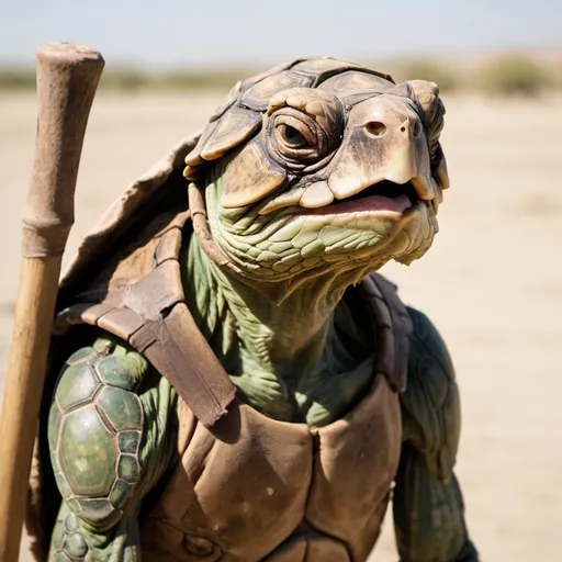 Prompt: portrait photo of a tired, starved Tortle skirmisher with faded skin, a somber expression and emaciated look. His atlatl is visible behind him. He wears light armor over his shell
