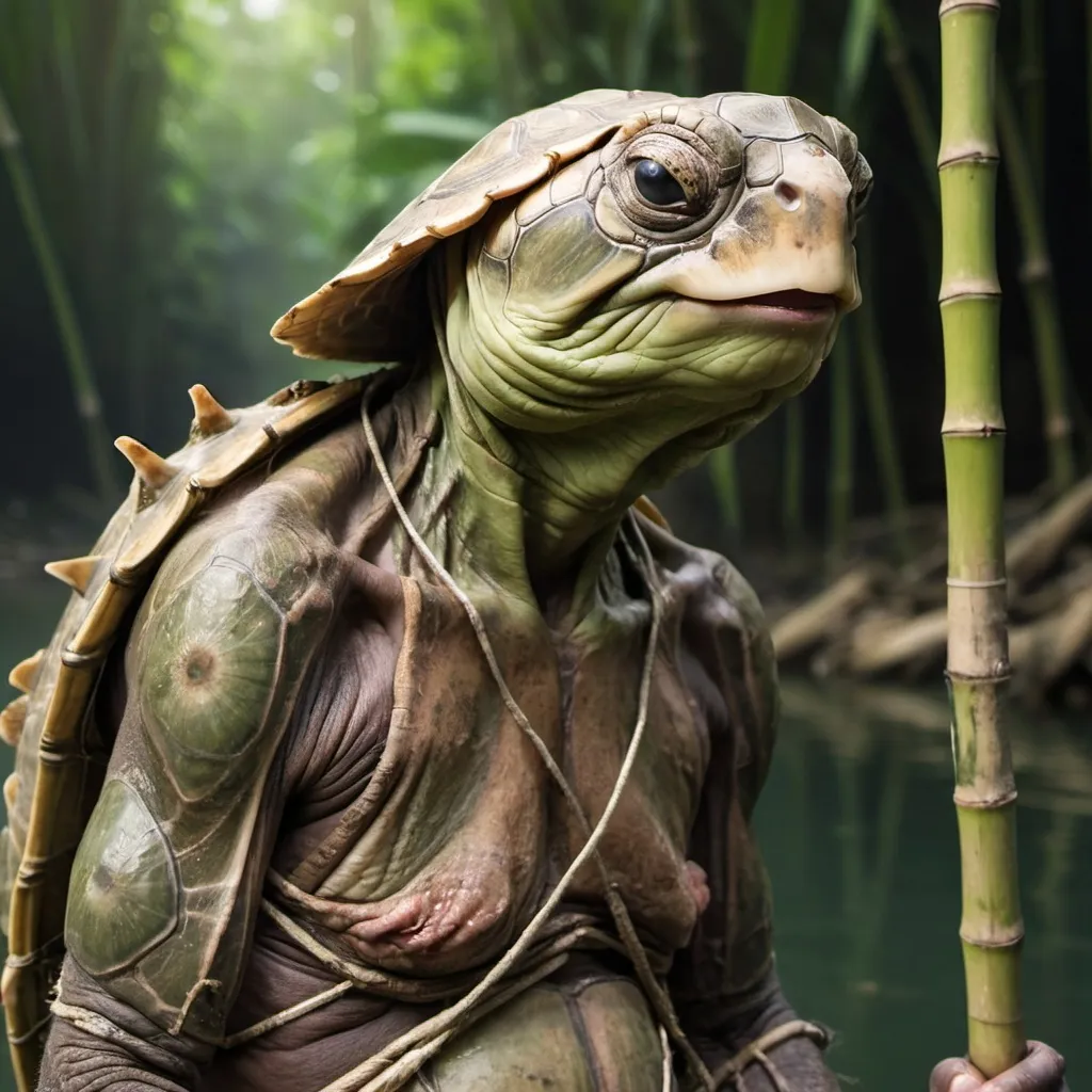 Prompt: portrait photo of a tired, starved jungle chieftanTortle commoner with faded skin, a somber expression and emaciated look. His bamboo fishing pole is visible behind him. He wears light armor over his shell. He has a fishing net hanging over his shoulder. 

