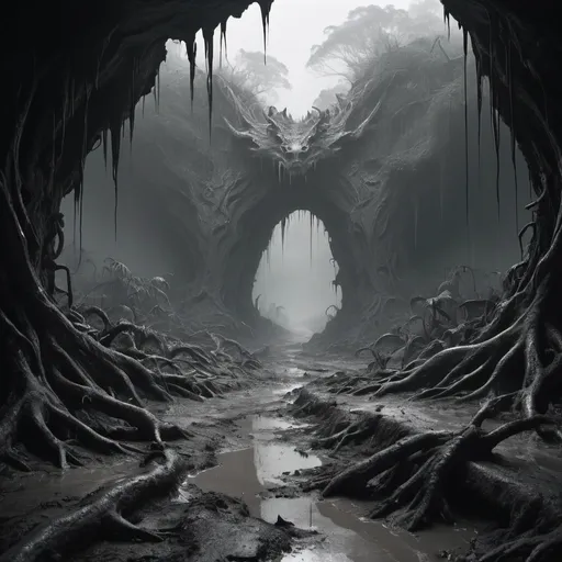 Prompt: (white acid burns), highly contrasting visuals, a surreal and dramatic atmosphere, brilliant radiant white tones, high detail and depth, a toxic environment, sharp and jagged formations emerging from the burns, dynamic patterns, eerie light reflecting off surfaces, emphasizing the harshness of the acid, ultra-detailed textures, unsettling and impactful ambiance. jungle swampland with a heavily-deteriorated, ancient, crumbling dirt road ahead into mirky fog interspersed with black mists. In the hollow of a massive mud pile, the entrance to the black dragon's lair is located, dripping with humidity and despair. 
