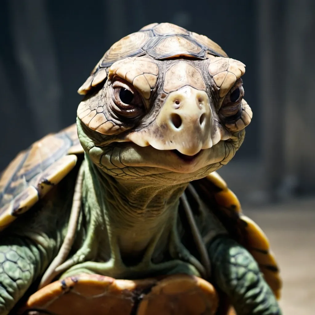 Prompt: portrait photo of a tired, starved Tortle warrior with faded skin, a somber expression and emaciated look. His spear is visible behind him. 
