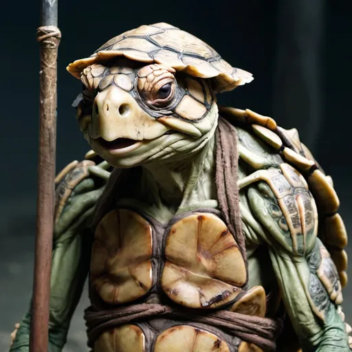 Prompt: portrait photo of a tired, starved Tortle warrior with faded skin, a somber expression and emaciated look. His spear is visible behind him. 
