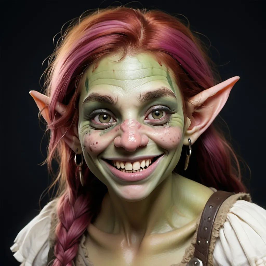 Prompt: photorealistic image of a half-troll human or "trollkin" bar wench with swarthy, warty, mottled pink-green skin with vitiligo (greenish hues and flesh colored instead of white) and auburn hair with demure expression D&D. she smiles warmly with her sharp teeth. She has four ears and an extra nose on her face.
